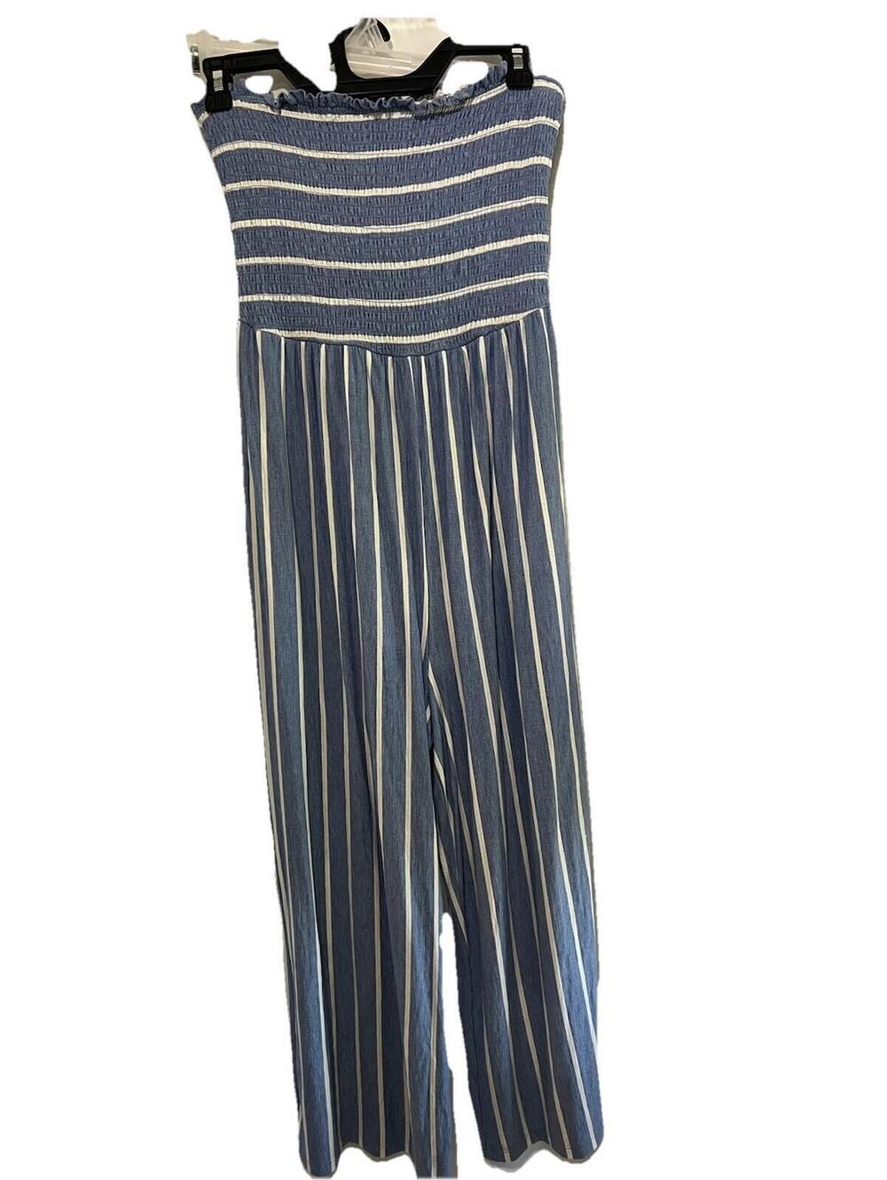 Hem And Thread Strapless Smocked Blue Stripe Jumpsuit. Cropped Wide Leg Summer